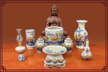 BỘ ĐỒ THỜ MEN RẠN ĐẮP NỔI BÁT TRÀNG LOẠI ĐẸP
